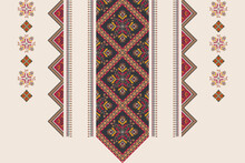 Ethnic Cross Stitch Pattern. Ethnic Neckline Embroidery Design. Vector Geometric Neckline Traditional Stitch Pattern. Textile Collar Shirts Fashion. Ethnic Cloth Ornaments Colorful Pixel Art Style.