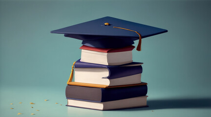 A graduation cap sits on top of a stack of book by Generative AI