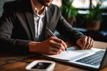 Businessman working with laptop computer in office. Close up of hands