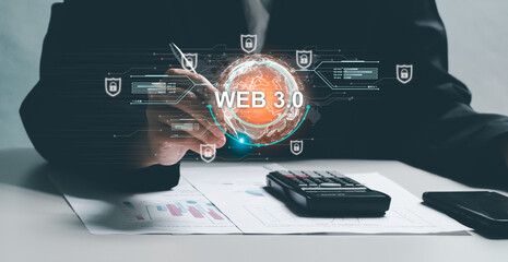 Web 3.0 concept image with businessman hand show web 3.0 with globe. Technology global network, Blockchain Future Technology, Global Futuristic, website internet development, global business.