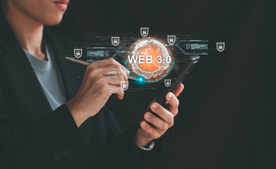Web 3.0 concept image with businessman hand show web 3.0 with globe. Technology global network, Blockchain Future Technology, Global Futuristic, website internet development, global business.