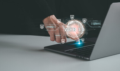 Web 3.0 concept image with businessman hand show web 3.0 with globe. Technology global network, Blockchain Future Technology, Global Futuristic, website internet development, global business.
