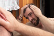 © Alan - worried man looking his hair loss on the mirror, young guy beginning alopecia problem, examining scalp balding distressed