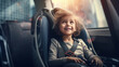 photograph of Happy girl in a child car seat wearing a seatbelt while traveling by car. generative ai. Safe movement of children in the car.generative ai