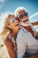 Playful happy senior couple enjoying freedom at the beach. Generative AI