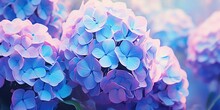 Impressionist Style Hydrangea Flowers Painting Style. Beutiful Light Blue And Light Purple Hydrangea Flowers In Full Bloom, In The Garden.