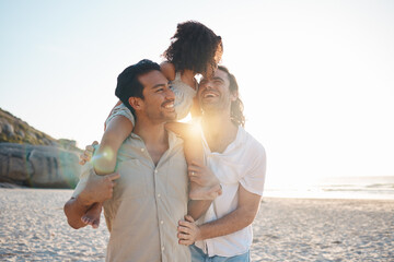 Canvas Print - LGBT, beach child and family laughing at conversation joke, holiday humour or enjoy funny time together in Canada. Love bond, nature comedy or gay parents walking with adoption kid on dads shoulders