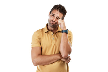 Wall Mural - Portrait, sad and crying man isolated on a transparent png background with stress, anxiety and depression. Unhappy, tired and depressed male model feeling emotional, worried and frustrated with tears