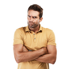 frustrated, man and portrait with arms crossed in anger for bad decision, mistake and behaviour on i