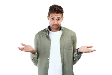 Wall Mural - Person, portrait and dont know hands isolated on transparent png background for choice, solution and decision doubt. Man face, confused and questions gesture with why, emoji and wondering in shrug