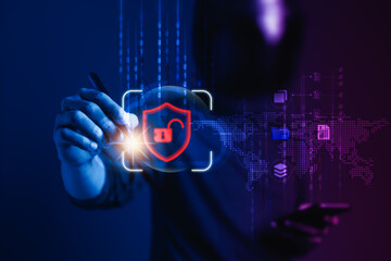 cybersecurity warrior, hand on the virtual screen coding to combat hackers and crime