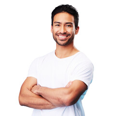 Wall Mural - Smile, portrait and Asian man with arms crossed in casual fashion isolated on transparent png background. Relax, calm and happy face of young male person, proud and confident model with trendy style.