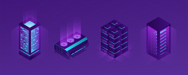 Poster - Isometric data center. Crypto server. Tech blockchain video database. Cloud mining technology. Computing hardware. Electronic processor and cooler. Glowing computer equipment vector set