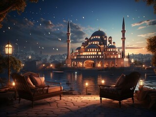 Beautiful islamic mosque with night moon sky and cloud photo wallpaper generative ai