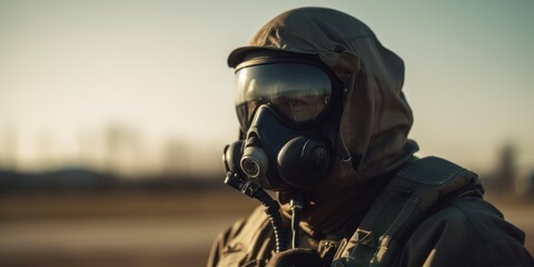 Wall Mural - fighter pilot at airfield on mission standby. Pilot Wearing Mask And Helmet with copy space