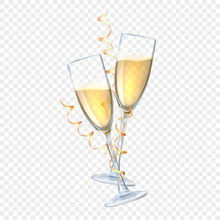 Cheers. Champagne Glasses Toast. Glass Wine, Celebration Of New Year Or Christmas, Happy Wedding, Party And Birthday, Gold Ribbon, White Wine. Vector Illustration Isolated On Transparent Background
