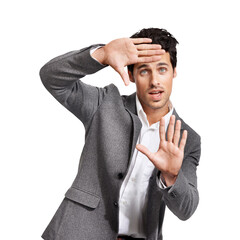 Wall Mural - Portrait frame and business with man, hands and creativity isolated on a transparent background. Face, male person and photographer with framing, perspective and photography ideas with png and career