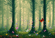 Chaotic World Of Flying Butterflies In Muted Forest, AI Generated
