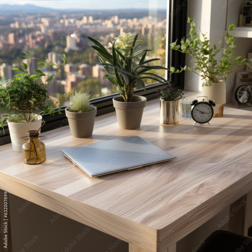 Zoomed in Top perspective view scandinavian executive desk, Top view of a minimalist organized desk.Generative AI.