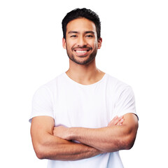 Wall Mural - Confidence, portrait and happy man with arms crossed in casual fashion isolated on transparent png background. Relax, calm and face of young male person with smile, pride and model with trendy style.