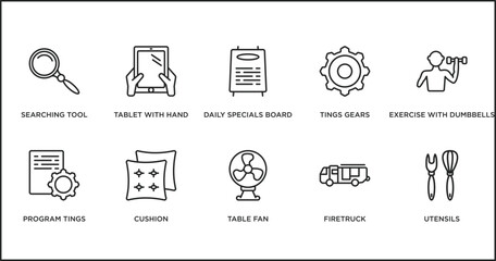 tools and utensils outline icons set. thin line icons such as daily specials board, tings gears, exercise with dumbbells, program tings, cushion, table fan, firetruck vector.