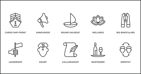 Wall Mural - people skills outline icons set. thin line icons such as round sailboat, wellness, big binoculars, leadership, doubt, calligraphist, bartender vector.