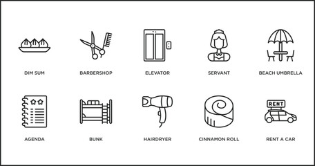 Wall Mural - hotel and restaurant outline icons set. thin line icons such as elevator, servant, beach umbrella, agenda, bunk, hairdryer, cinnamon roll vector.