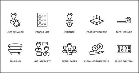 general outline icons set. thin line icons such as patience, product release, tape measure, solarium, job interview, team leader, initial coin offering vector.