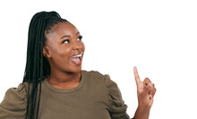 Smile, Presentation And Deal With Black Woman And Pointing Up On Png For Offer, News Or Show. Happy Promotion And Announcement Of Person Isolated On Transparent Background For Excited And Information