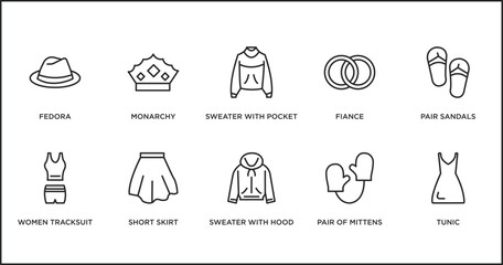 Wall Mural - fashion outline icons set. thin line icons such as sweater with pocket, fiance, pair sandals, women tracksuit, short skirt, sweater with hood, pair of mittens vector.