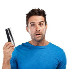 Isolated man, comb and shock for hair loss, portrait and stress with worry, alopecia or transparent png background. Guy, shock and male pattern baldness with anxiety for ageing, cosmetics or cancer