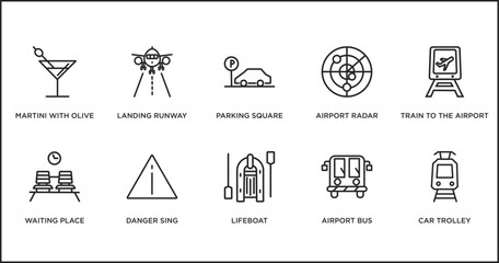 airport terminal outline icons set. thin line icons such as parking square, airport radar, train to the airport, waiting place, danger sing, lifeboat, bus vector.