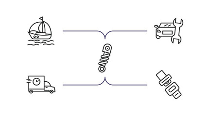 Canvas Print - transport outline icons set. thin line icons such as sailing boat with veils, car repair, shock breaker, carrier, seatbelt vector.