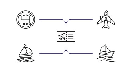 Canvas Print - transport outline icons set. thin line icons such as gearshift, airplane pointing up, plane tickets, sailing boat, sailing vector.