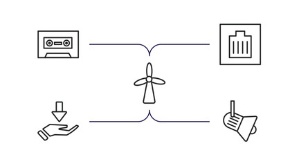 Wall Mural - technology outline icons set. thin line icons such as caste tape, wired connection, eolic, receive, cinema light with cable vector.