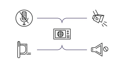 Sticker - technology outline icons set. thin line icons such as microphone interface, spotlights, world news, straight air, no audio vector.