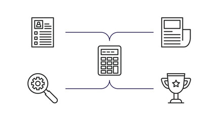 Wall Mural - strategy outline icons set. thin line icons such as resume, newspaper, calculating, resource, trophy vector.