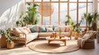 © piai - Beautiful cozy interior design of bright living room in boho style with sofa and rattan armchair. Generative AI