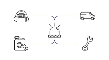 Sticker - mechanicons outline icons set. thin line icons such as car and headphones, van facing left, car beacon on, oil can with big drop, repair wrenches vector.