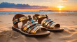 Set of sandals on sand when sunset by Generative AI