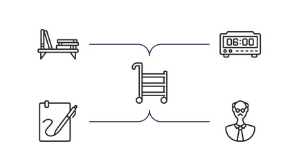 Sticker - education outline icons set. thin line icons such as book shelf, digital timer, school cart, calligraphy, bald vector.