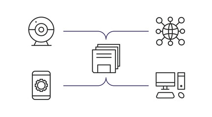 Wall Mural - computer outline icons set. thin line icons such as round webcam, information network, save file, tablet data tings, pc with monitor vector.