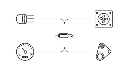 Wall Mural - car parts outline icons set. thin line icons such as car headlight, car fan, silencer, fuel gauge, fan belt vector.