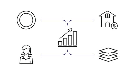 Poster - business outline icons set. thin line icons such as full circle, mortgage loan, statistical chart, businesswomen, stack vector.