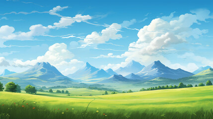 Wall Mural - scenery with green field and mountain in a day with blue sky and white cloud. nature landscape cartoon scene. generative AI