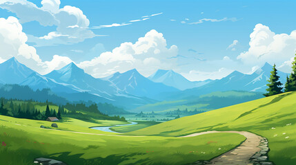 Wall Mural - scenery with green field and mountain in a day with blue sky and white cloud. nature landscape cartoon scene. generative AI