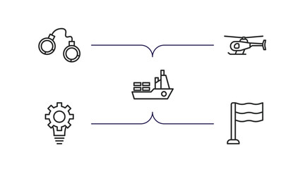 Wall Mural - army and war outline icons set. thin line icons such as pair of handcuffs, helicopter, ship, strategy, patriot vector.