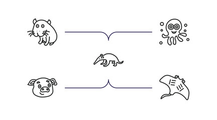 Wall Mural - animals outline icons set. thin line icons such as capybara, octopus, ant eater, pig, ray vector.