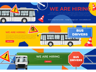 Wall Mural - Hiring bus drivers landing page internet promo advertising career opportunity set vector isometric