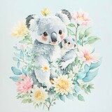 Fototapeta Dziecięca - mom and cute baby Koala hugging among pastel flowers, illustration animals painted with watercolors, for decoration greeting cards, invitations, prints, textile or wall art